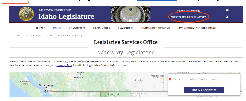 screenshot from the Legislator search webpage